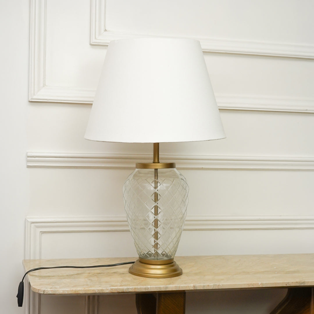 Diamond Cut Glass Table Lamp with White Shade