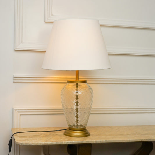 Diamond Cut Glass Table Lamp with White Shade