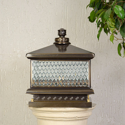 Classic outdoor pillar light with decorative glass panels mounted on exterior wall or column ideal for porch or garden lighting.