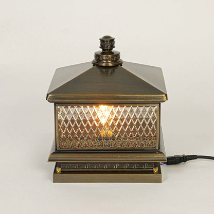 Vintage style outdoor pillar light with textured glass panels and metal top on neutral background perfect for classic exterior decor lighting.