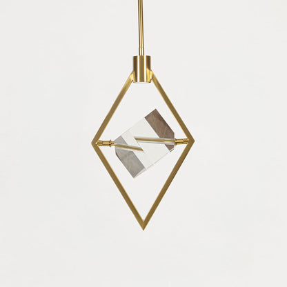 Pendant light with golden diamond frame and crystal centerpiece shown off on white background for interiors.