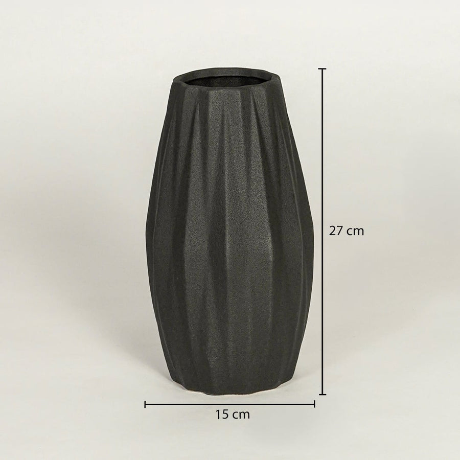 Black ceramic decorative vase showing 27 cm height and 15 cm width suitable for table shelf or console placement.