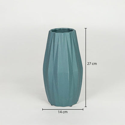 Green ceramic decorative vase size 27 cm height 14 cm length modern textured flower vase dimension reference image.