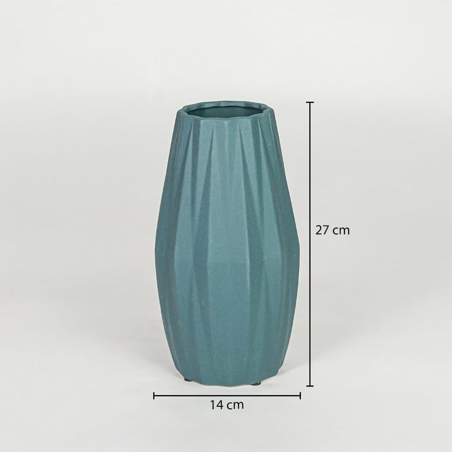 Green ceramic decorative vase size 27 cm height 14 cm length modern textured flower vase dimension reference image.