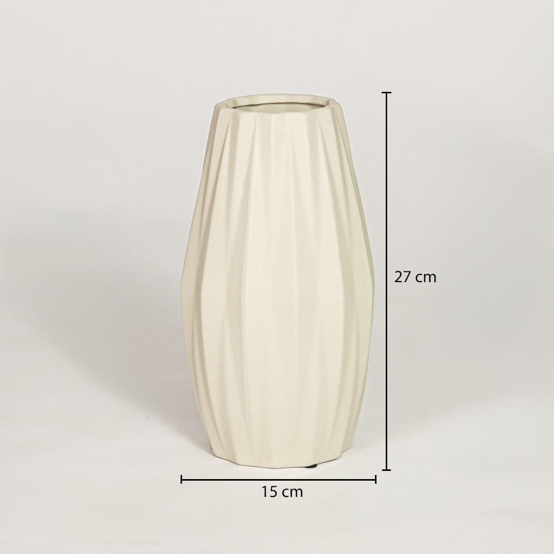 Beige ceramic decorative vase showing 15 cm width and 27 cm height ideal for console table shelf and home decor display.