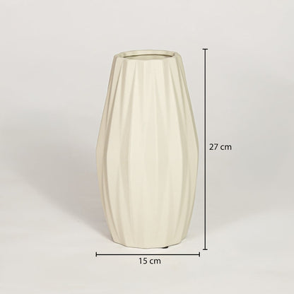 Beige ceramic decorative vase showing 15 cm width and 27 cm height ideal for console table shelf and home decor display.