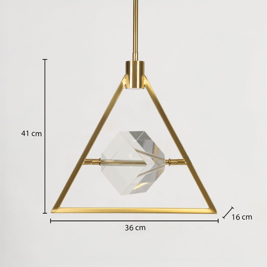 Pendant light with golden triangular frame and crystal centerpiece displayed with 41 cm height and 36 cm width.