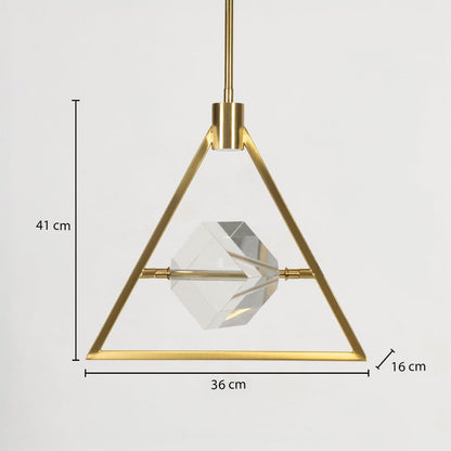 Pendant light with golden triangular frame and crystal centerpiece displayed with 41 cm height and 36 cm width.