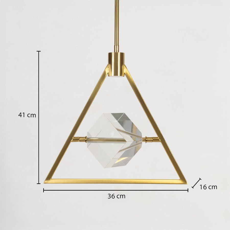 Pendant light with golden triangular frame and crystal centerpiece displayed with 41 cm height and 36 cm width.