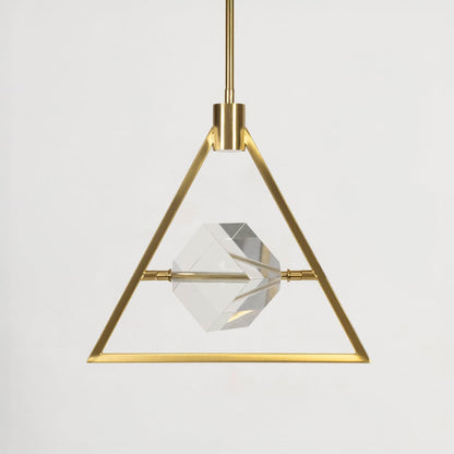 Pendant light with golden triangular frame and clear crystal centerpiece shown off on white background.