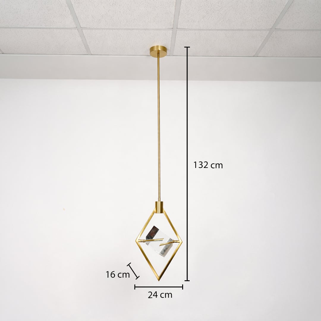 Pendant light with golden diamond frame and crystal centerpiece displayed with 132 cm height and 24 cm width.