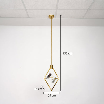 Pendant light with golden diamond frame and crystal centerpiece displayed with 132 cm height and 24 cm width.