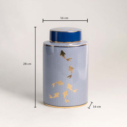Blue ceramic jar with golden fish pattern shown with 28 cm height and 16 cm width dimensions for decor placement.