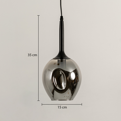 Dimension image of smoked glass pendant light with black metal stem showing 35 cm height and 15 cm width.
