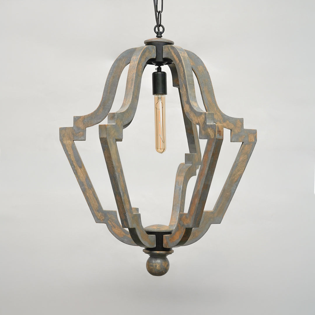 A rustic industrial-style pendant light fixture with a distressed dark metal frame and a single exposed filament light bulb, shown against a neutral light gray background.