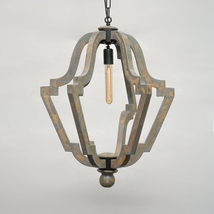 A rustic industrial-style pendant light fixture with a distressed dark metal frame and a single exposed filament light bulb, shown against a neutral light gray background.