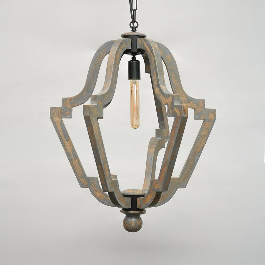 A rustic industrial-style pendant light fixture with a distressed dark metal frame and a single exposed filament light bulb, shown against a neutral light gray background.