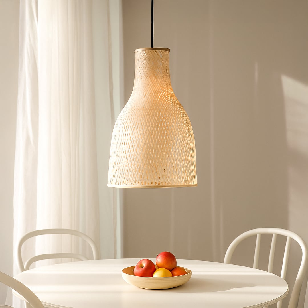 Natural rattan pendant light above dining table adding soft bohemian charm and warm lighting.