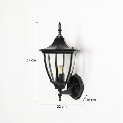 Outdoor wall lantern shown with measurements indicating 37 cm height 22 cm width and 16 cm projection for accurate installation planning.