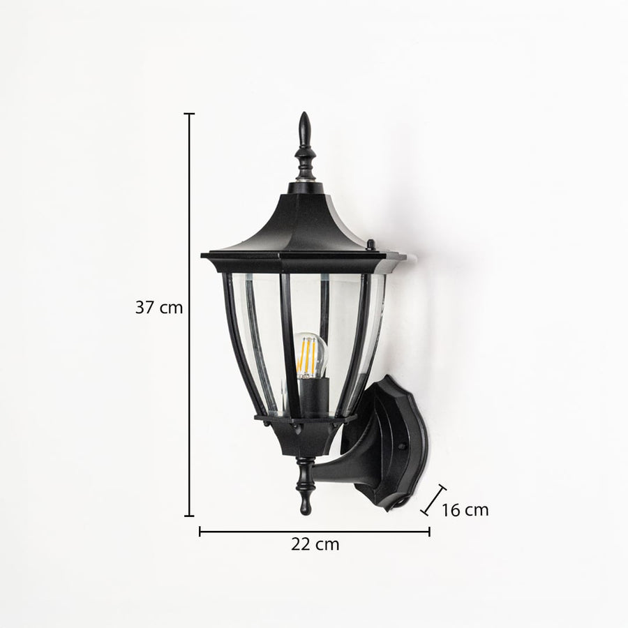 Outdoor wall lantern shown with measurements indicating 37 cm height 22 cm width and 16 cm projection for accurate installation planning.