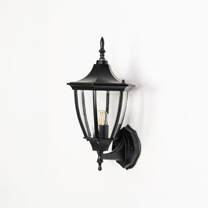 Black exterior wall lantern with light switched off displayed on white background showing metal finish glass panels and mounting details.