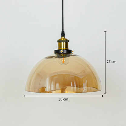 Amber glass dome pendant light measuring 30 cm width and 25 cm height crafted for elegant ceiling lighting decor.