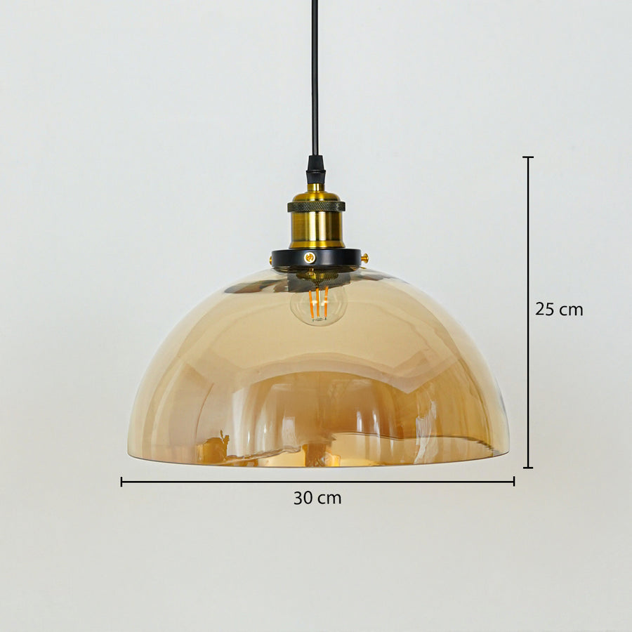 Amber glass dome pendant light measuring 30 cm width and 25 cm height crafted for elegant ceiling lighting decor.