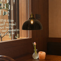 A black dome pendant light with a brass-toned socket hangs over a wooden table in a warm, dimly lit interior setting with a small glass vase and a pink tulip.