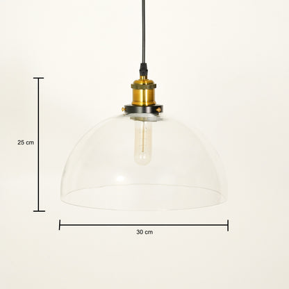 Clear glass pendant light with brass holder for kitchen island dining room or living space showing product dimensions.