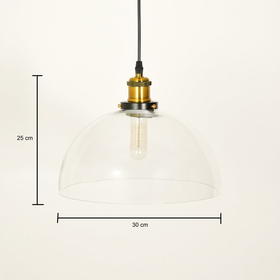 Clear glass pendant light with brass holder for kitchen island dining room or living space showing product dimensions.