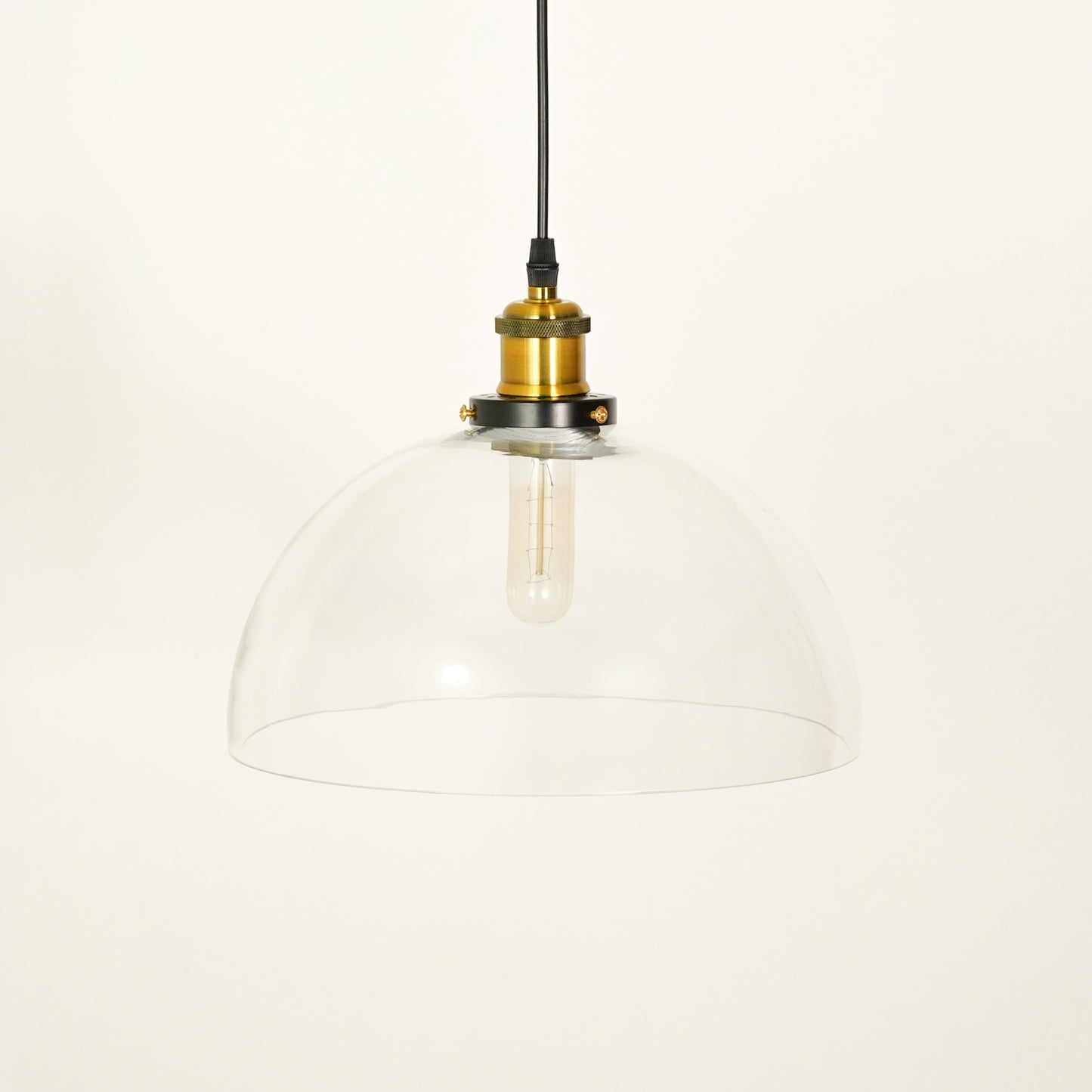 Dimension image of transparent dome hanging light for elegant dining room decor styling and modern home interior lighting.