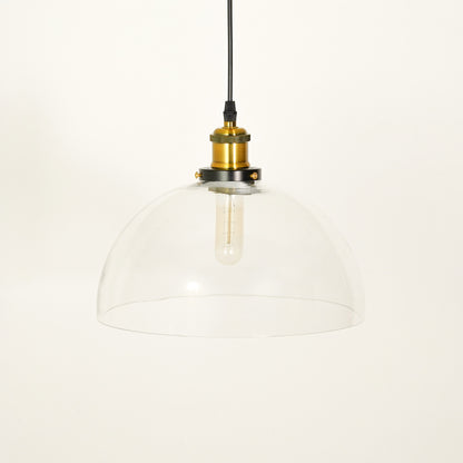 Dimension image of transparent dome hanging light for elegant dining room decor styling and modern home interior lighting.