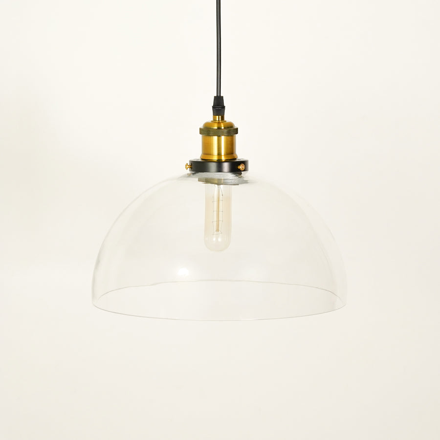 Dimension image of transparent dome hanging light for elegant dining room decor styling and modern home interior lighting.