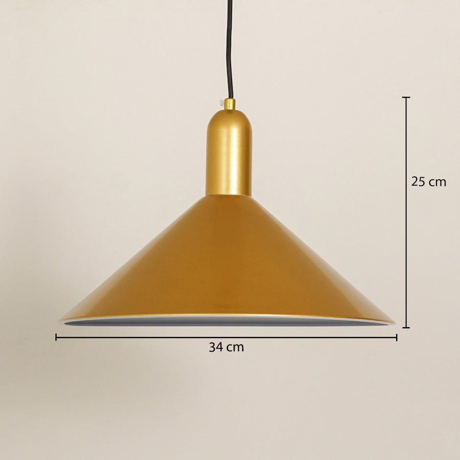 Matte gold metal pendant light with cone shade and size details for sophisticated ceiling decor.