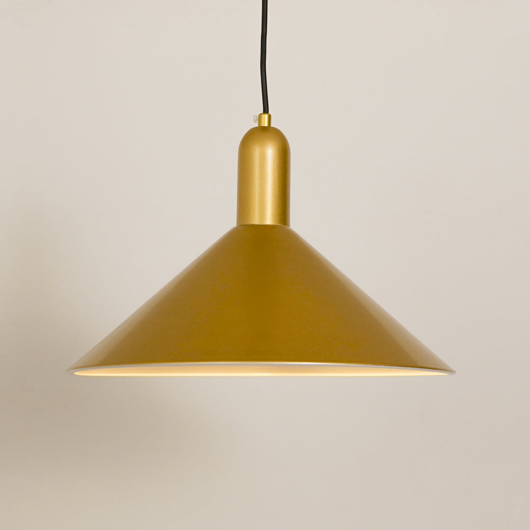 Matte gold metal pendant light with wide cone shade designed for contemporary home lighting.