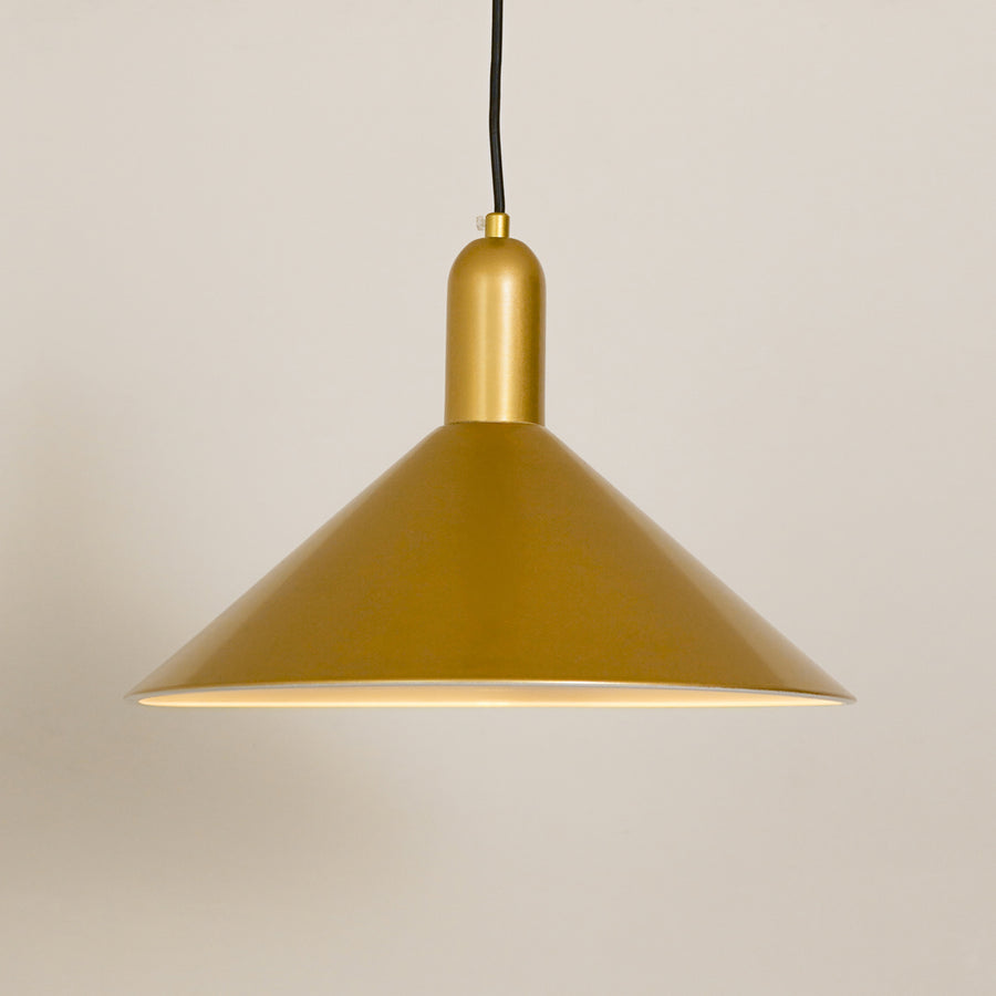 Matte gold metal pendant light with wide cone shade designed for contemporary home lighting.