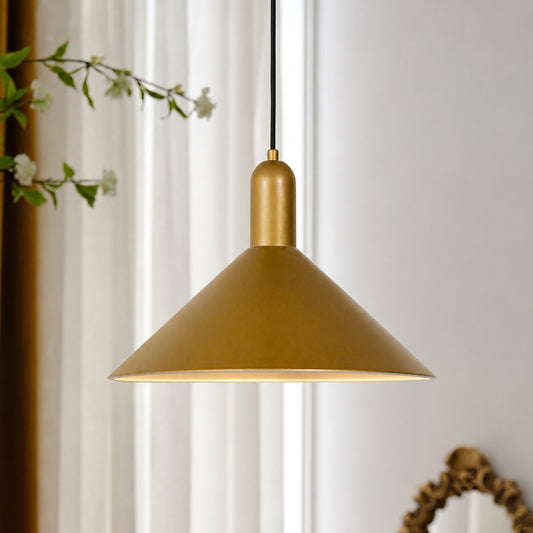 Matte gold metal pendant light suspended elegantly in bright modern interiors for stylish ceiling decor.