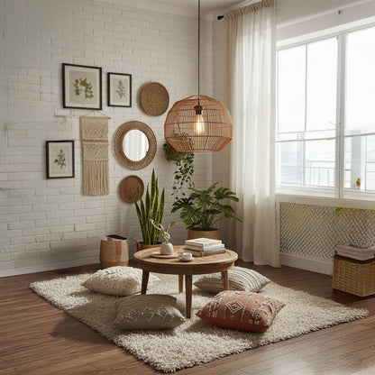 Natural rattan pendant light adding warmth and texture to interiors with a modern geometric woven design.