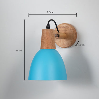 Blue metal wooden wall light with 25 cm height 27 cm width and 15 cm depth for modern decor spaces.