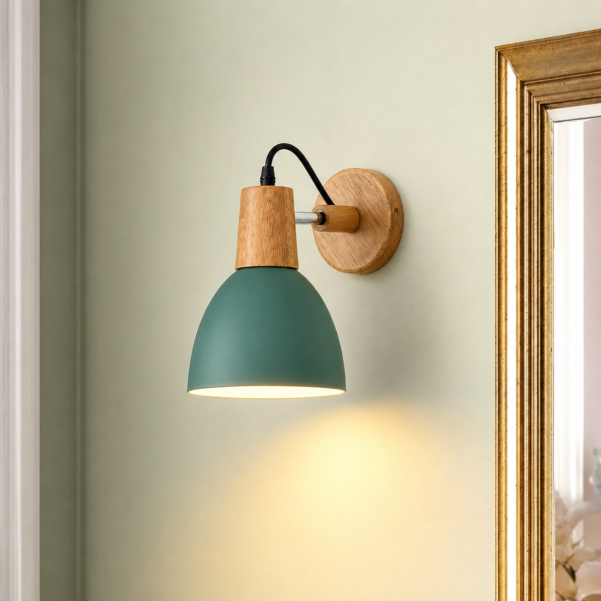 A wall-mounted sconce with a matte teal-green dome shade, natural wood accents, and a black cord, shown lit against a pale green wall next to a gold-framed mirror.