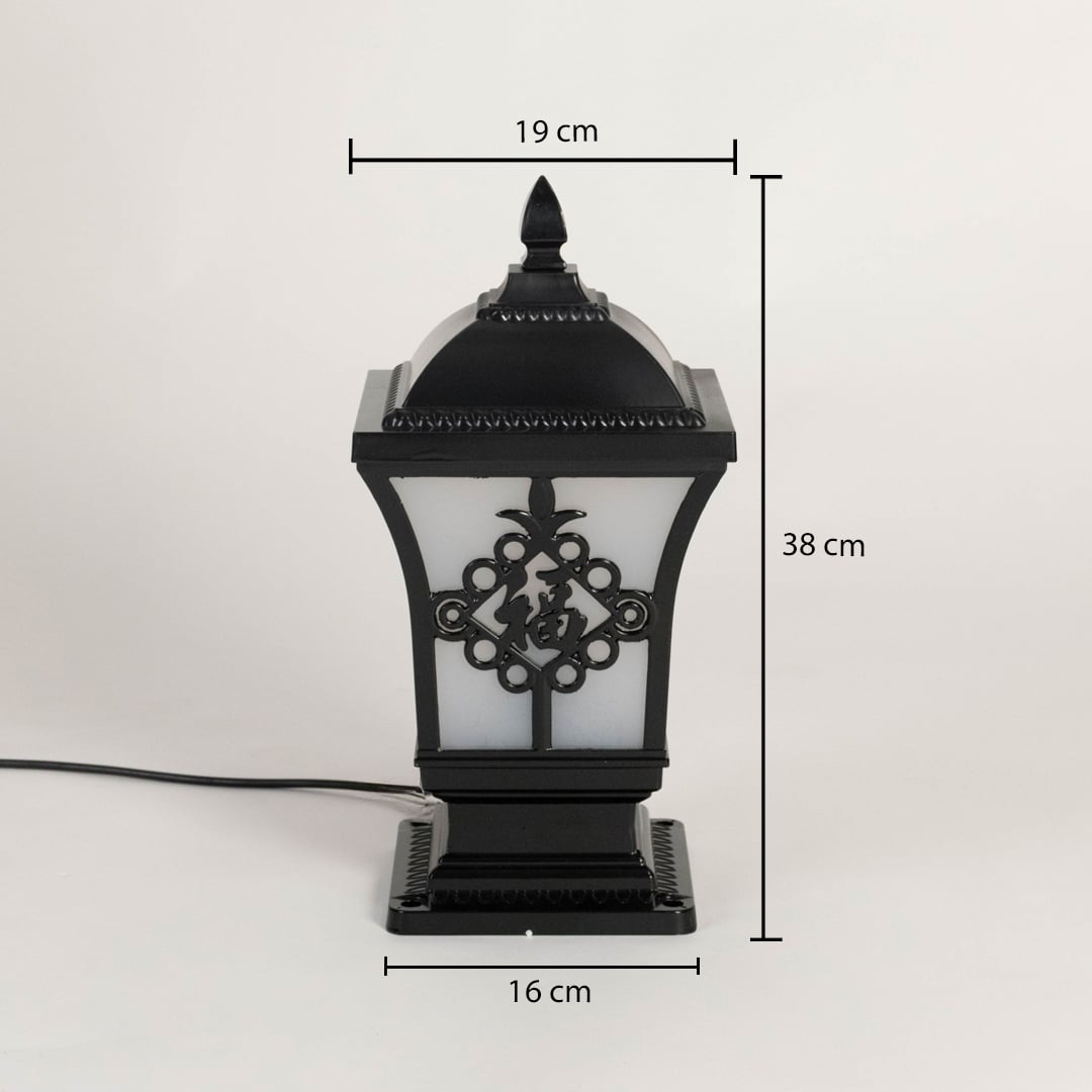 Black traditional post lantern Dimensions Image 34 cm height 17 cm top width 15 cm base width perfect for outdoor pillar mounting.
