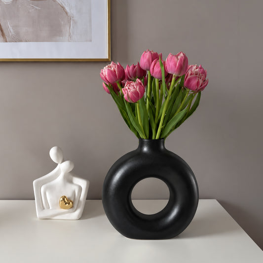 Donut Ceramic Flower Vase Matte Black - Large