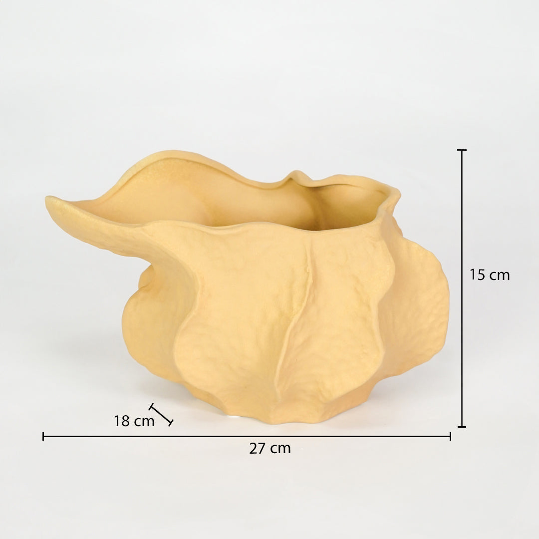 Yellow textured ceramic planter bowl dimension image with 15 cm height and 27 cm width for table decor.