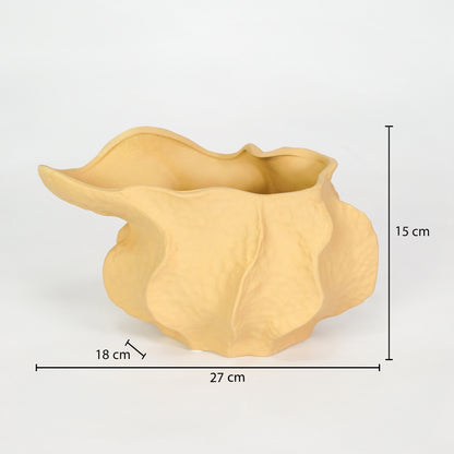 Yellow textured ceramic planter bowl dimension image with 15 cm height and 27 cm width for table decor.