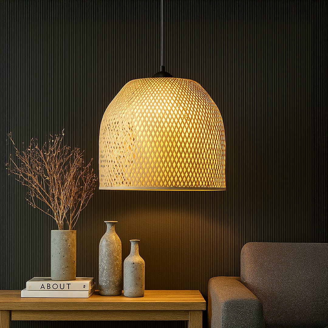 Black woven rattan pendant light styled in a modern living space adding cozy ambient lighting and rustic charm.