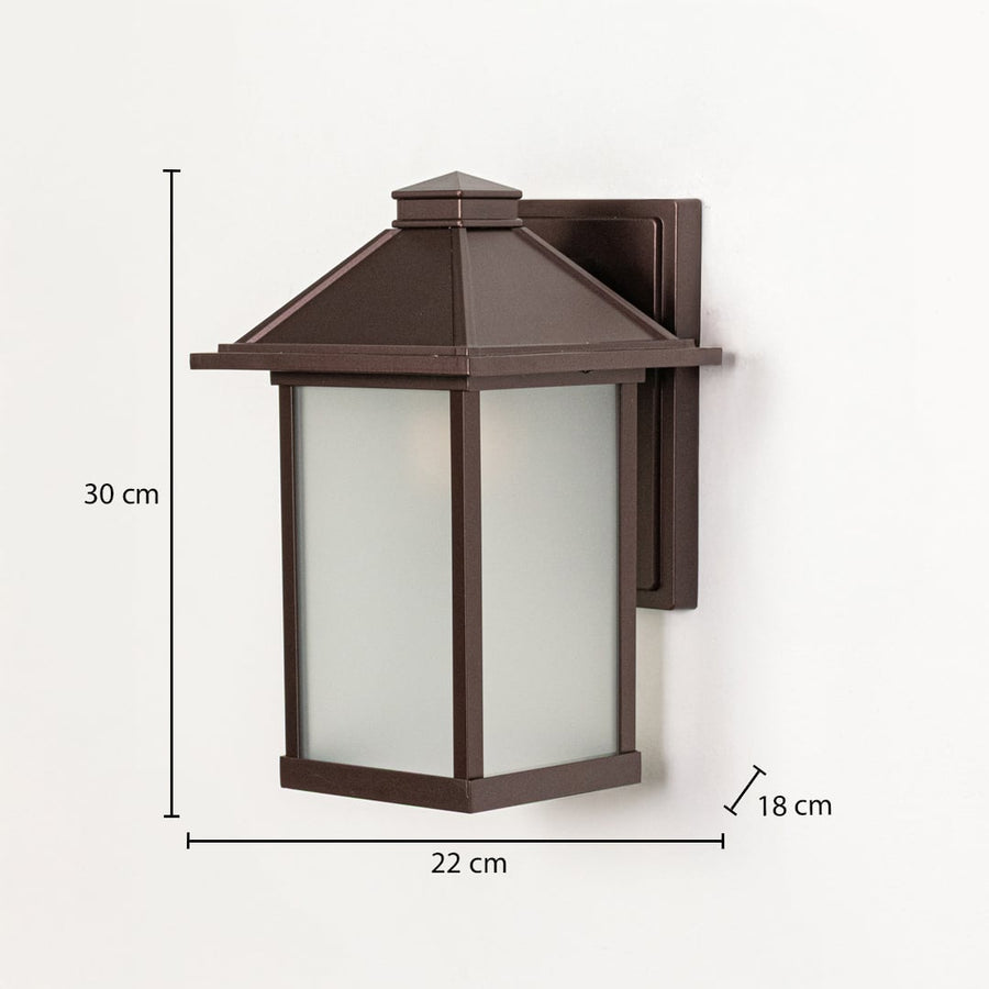 Brown metal outdoor wall lantern measuring 30 cm height 22 cm width and 18 cm depth designed for exterior wall mounting.