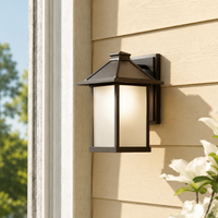 Modern black metal rectangular frosted glass wall lantern on beige siding for contemporary house porch exterior patio decor.