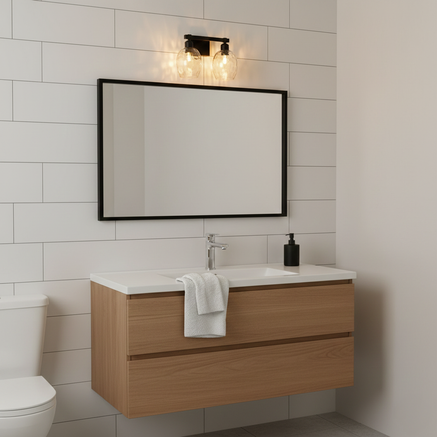 Modern black wall light with textured glass shades for stylish bathroom and luxury decor styling spaces.