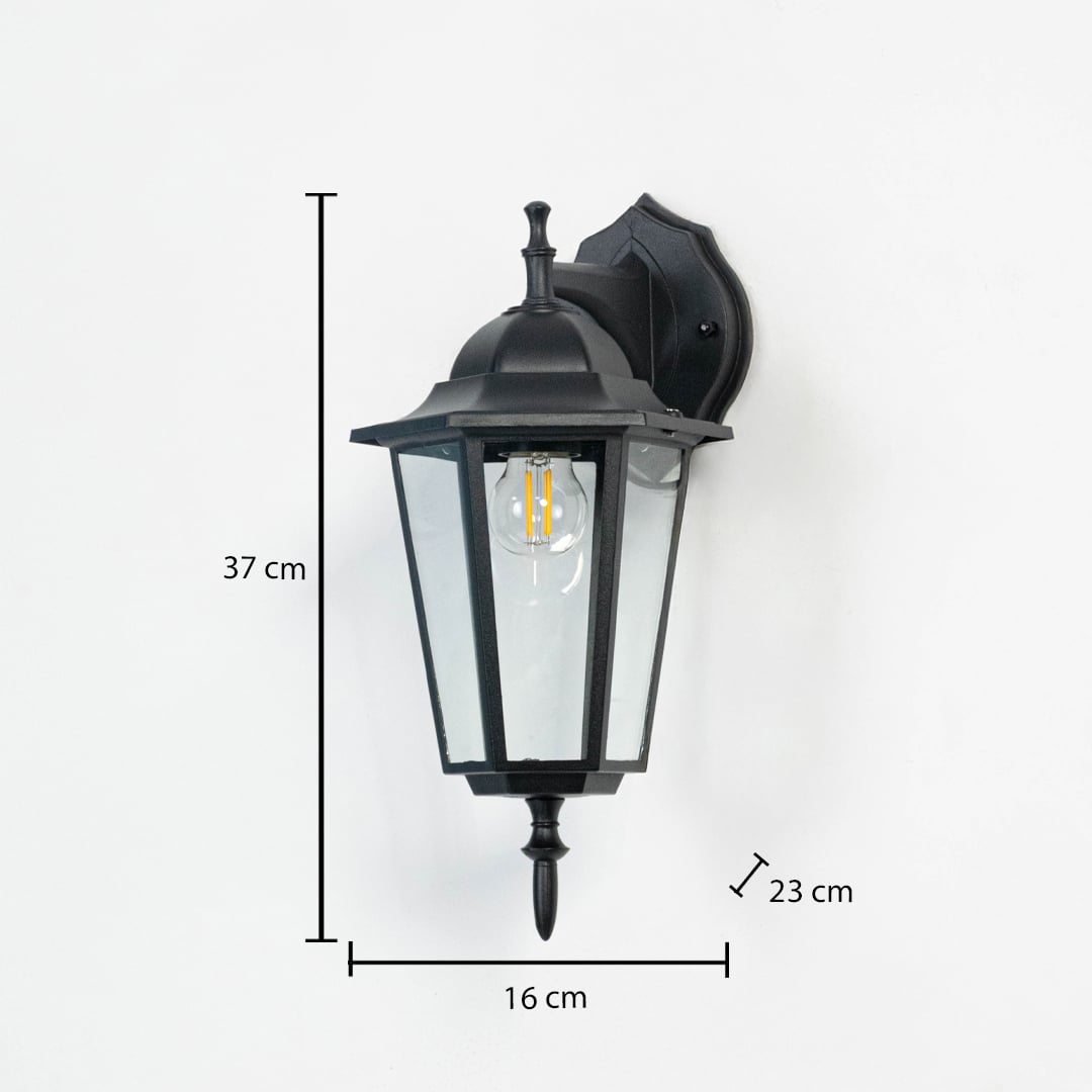 Outdoor wall lantern dimension image showing 37 cm height 23 cm depth and 16 cm width ideal for outdoor wall lighting.