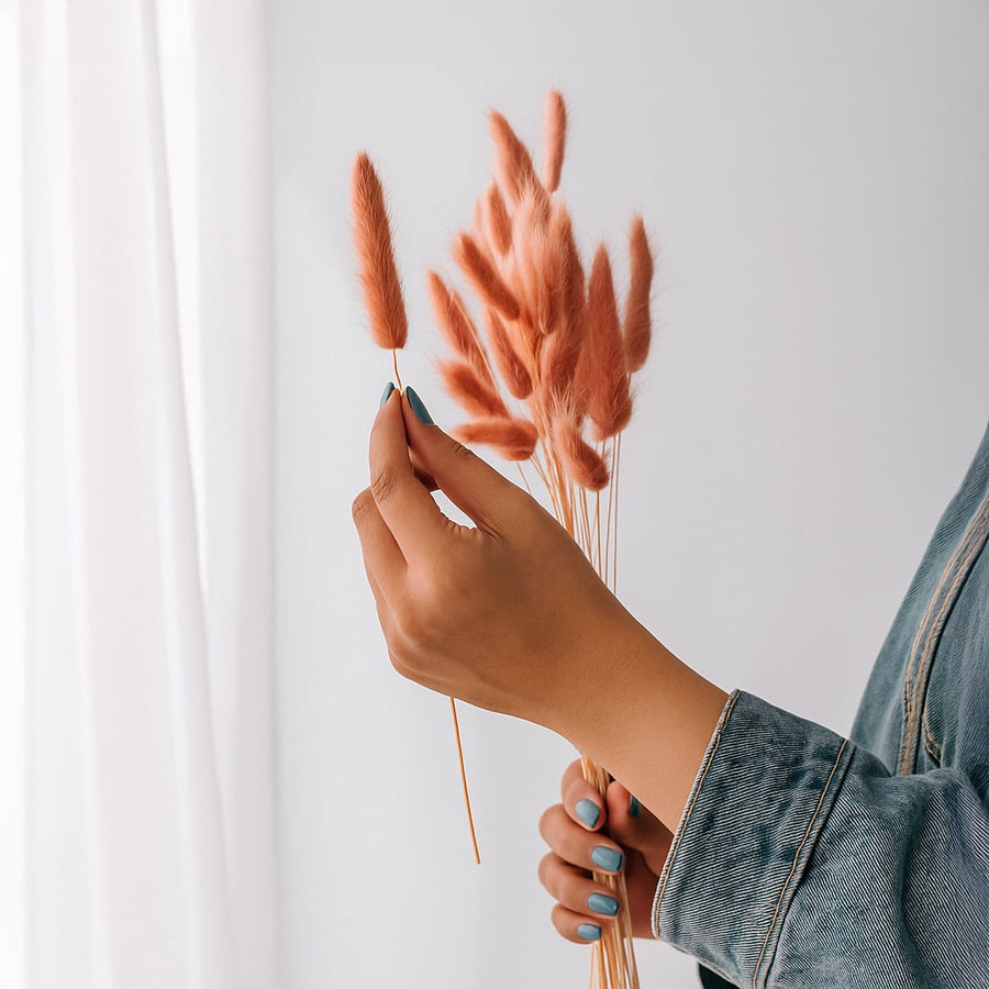 Close view of dried floral stems held near a bright window highlighting natural textures soft light and minimalist decor styling.